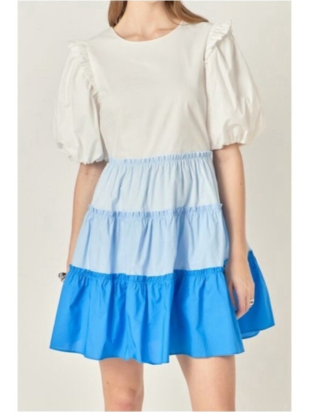 English Factory Colorblock Tiered Ruffled Mini Dress M Blue White Ombre Ruffle